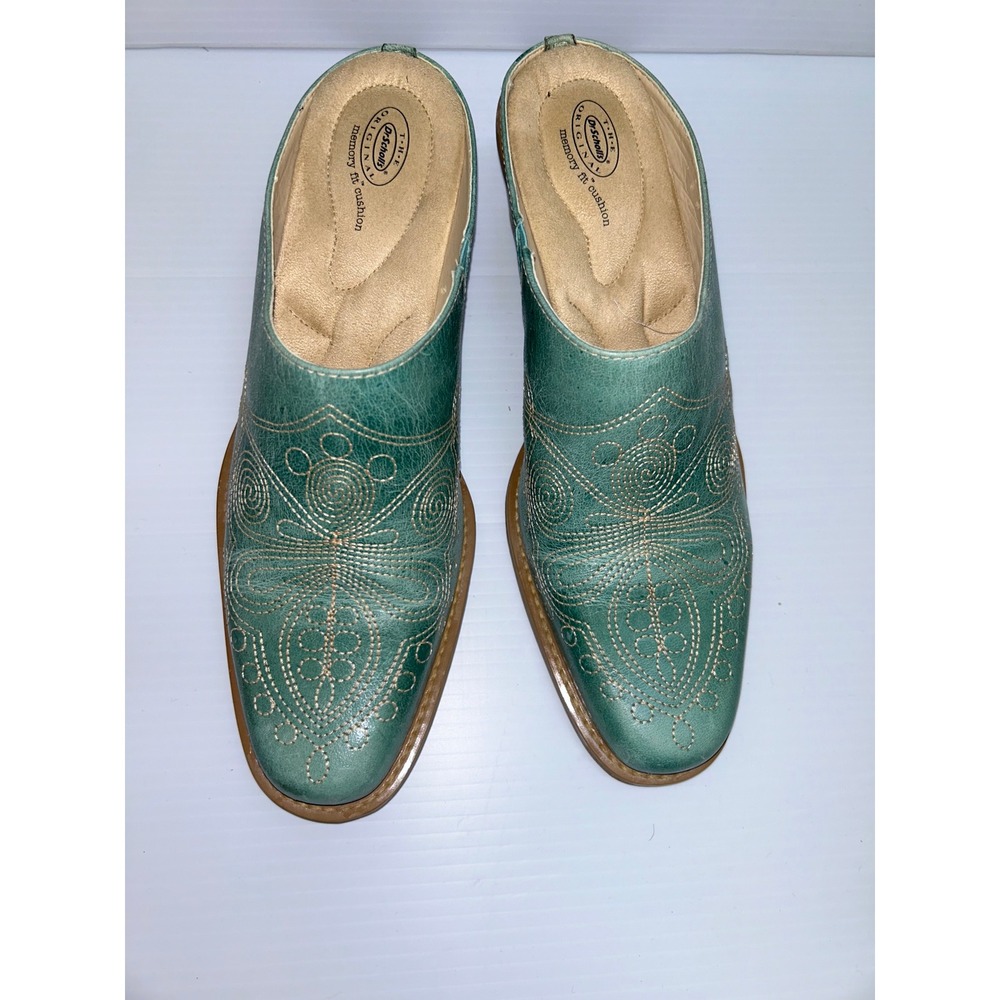 Dr Scholls Teal Green Leather Western Stitched Memory Fit Round Up 10M BoHo